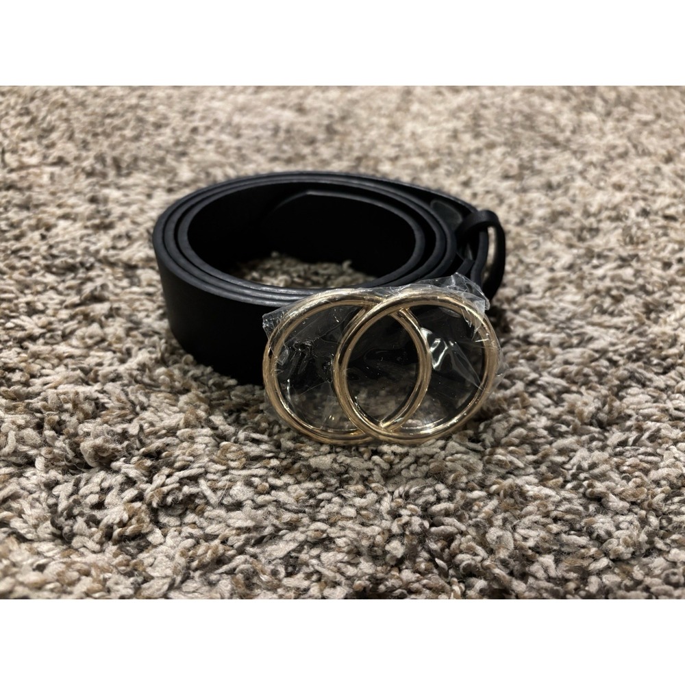NWT Suosdey Black Faux Leather Belt With Gold Ring Buckle Women’s Size Medium